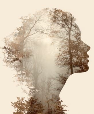 Silhouette féminine en double exposition avec forêt